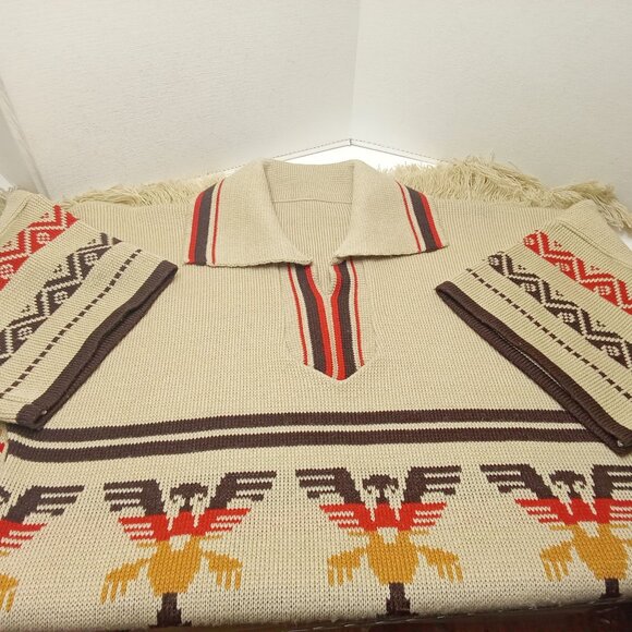 Vintage 70s-80s Aztec Southwestern Sweater Tunic Collar SSL Slits Fringe -10/12 - Picture 5 of 11